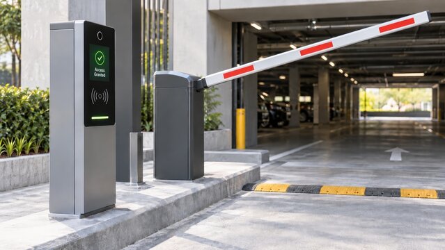 Automated parking entrance with access control system, featuring electronic barrier and card reader in modern parking facility. concept of vehicle security, technology in urban infrastructure.