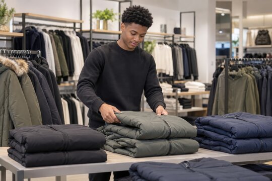 Black retail employee organizing and folding winter jackets in a modern store setting. concept of clothing retail management, organization, and store operations