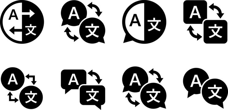 Collection of language translation speech bubble icons for user interface with UI design language barrier interface icon translation service web element app icon digital icon foreign language