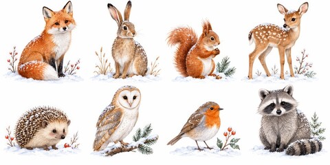 Obraz premium Watercolor winter woodland animal set with fox, rabbit, squirrel, deer, hedgehog, owl, robin and raccoon isolated on white background. cute wildlife illustration, nursery clipart collection