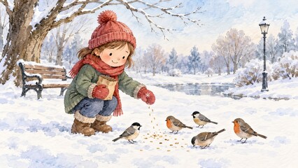 Fototapeta premium Watercolor child feeding small birds in a snowy winter park landscape. cozy winter scene with girl, birds, trees, bench, and lamppost in tranquil, snowy surroundings