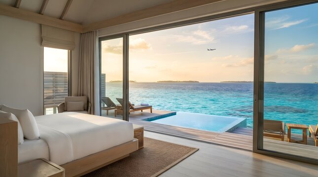 Luxurious hotel room with a breathtaking ocean view and private balcony access