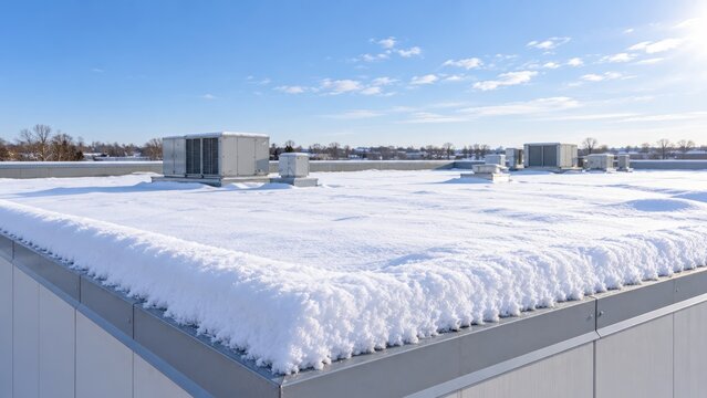 Heavy snow accumulation on flat commercial roof with rooftop hvac units under clear blue sky. winter weather impact on building infrastructure