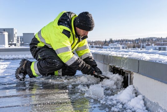 Worker in high visibility clothing clearing frozen scupper drain on icy rooftop during winter maintenance. concept of seasonal work, infrastructure upkeep, safety procedures