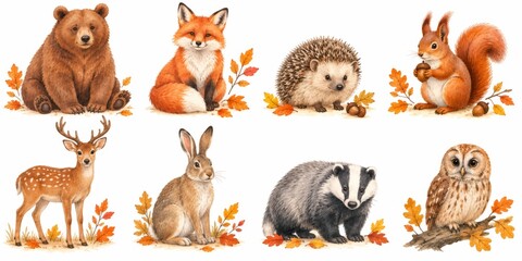 Obraz premium Watercolor autumn woodland animal collection with bear, fox, hedgehog, squirrel, deer, rabbit, badger, and owl. fall wildlife illustrations with leaves and acorns on white background
