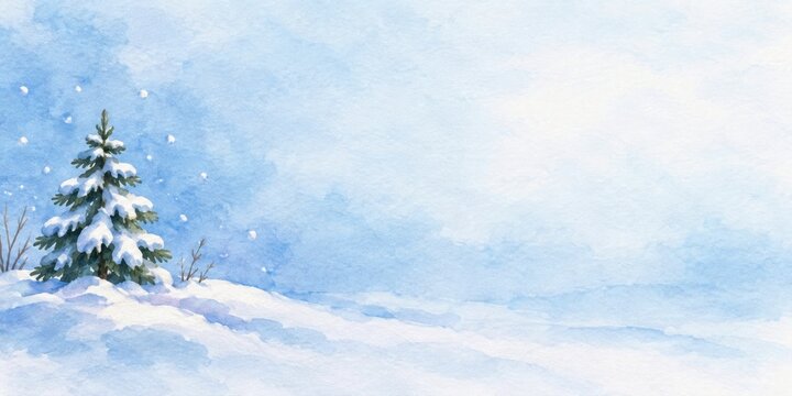 Watercolor snowy pine tree winter background with serene atmosphere and copy space. peaceful landscape illustration for seasonal design, nature art, holiday theme, banner
