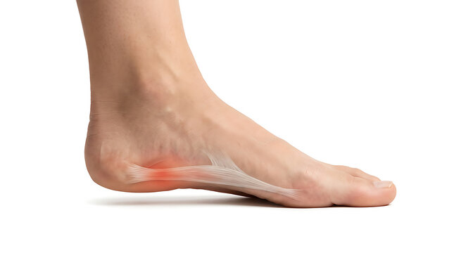 Close up of human foot highlighting plantar fasciitis heel pain and inflammation with medical illustration graphic overlay for healthcare education