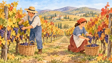 Fototapeta premium Watercolor vineyard harvest scene with farm workers collecting ripe grapes in colorful autumn landscape. rustic agricultural illustration, fall countryside artwork.