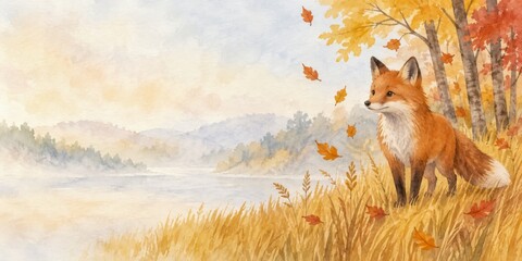 Obraz premium Watercolor red fox in golden autumn meadow with falling leaves and misty forest view. nature scene with fox, trees, and serene landscape illustration, copy space, banner