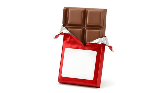 Milk chocolate bar in a red wrapper with a blank label for branding