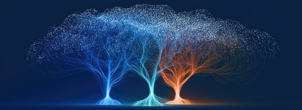 Abstract digital trees showing network connections and data growth.