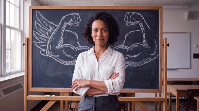 Confident female teacher standing in a classroom with a chalkboard drawing symbolizing strength, resilience, and empowerment.