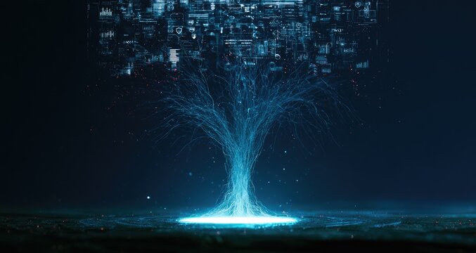 Digital abstract tree of life made of glowing data streams.