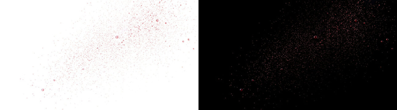 Flying blood droplet particles disperse in a wide diagonal arc suggesting rapid violent motion for horror design PNG, Transparent and Black Background Versions