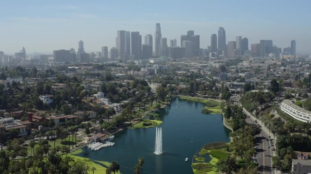 Los Angeles Skyline Jib Down Reveal Over Echo Park