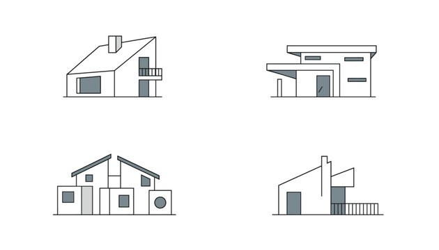 Set of four minimalist modern house architectural illustrations with geometric shapes on a white background.