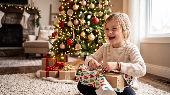 Young girl opening Christmas presents beside a decorated Christmas tree in a cozy home.