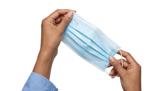 Blue surgical face mask stretched open by a nurse with both hands revealing ear loop and pleats in PNG format isolated with transparent background
