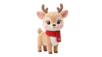 Fototapeta premium Cute cartoon deer figurine with a red knitted scarf isolated on transparent background