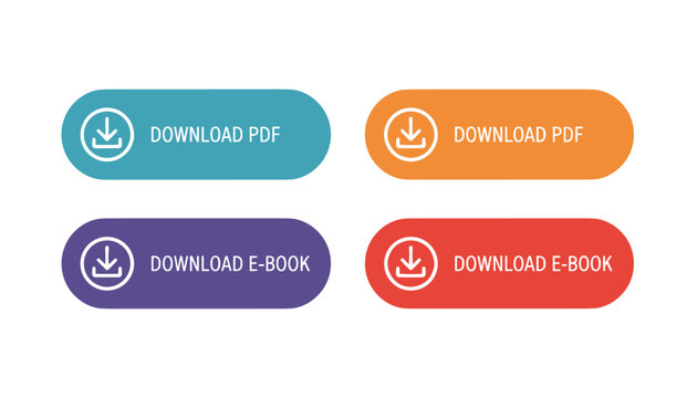 Four colorful digital interface buttons displaying download pdf and download e book icons on white background.