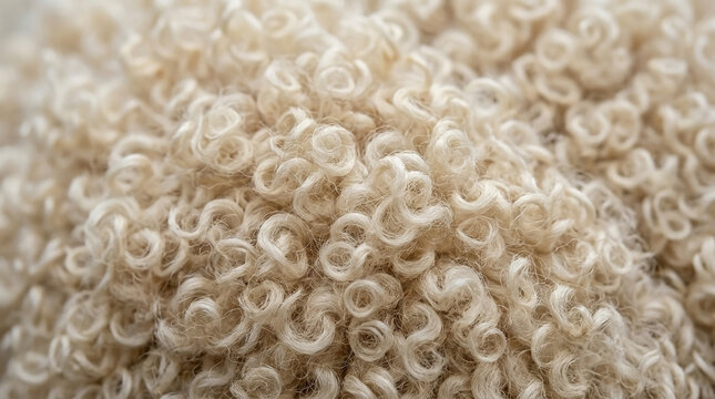 Close up of white curly lamb wool fleece. Soft fluffy natural animal fiber texture. Warm and cozy winter background
