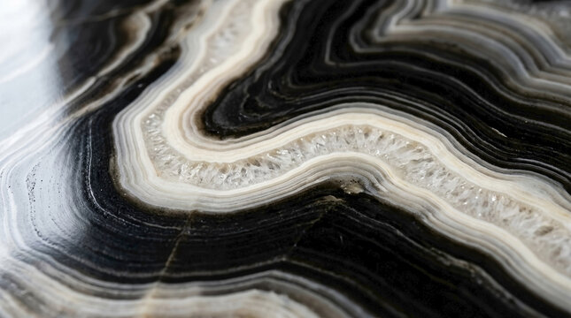 Close-up of polished black and white onyx crystal texture. Natural agate stone background with wavy bands and quartz geode formation. Macro geology pattern