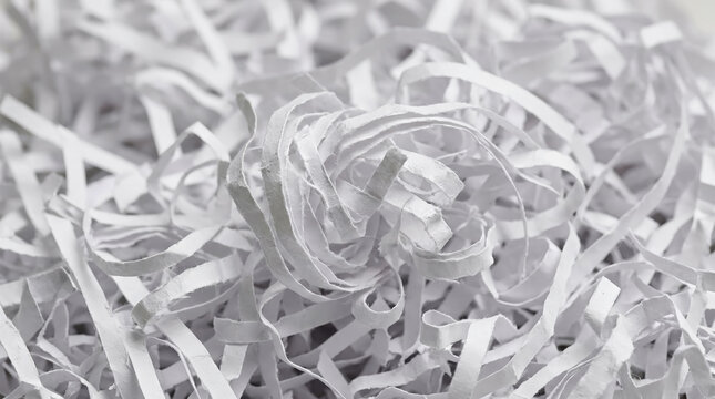 Pile of shredded white paper strips. Close-up texture of destroyed confidential documents. Office waste and recycling background with selective focus