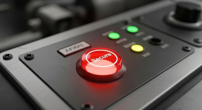 Glowing industrial high-tech red emergency button with 'Secure' text on a brushed metal control panel console featuring green indicator LED lights, styled with a realistic 3D render look and shallow