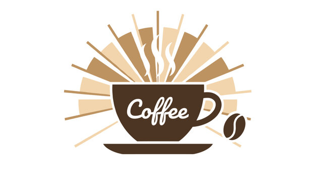 Vintage style coffee cup vector illustration with steam rising and glowing sunburst rays in background.