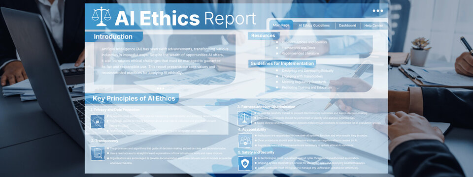 This image depicts a detailed AI ethics report layout, highlighting key principles and guidelines for responsible technology implementation in business settings. Trope
