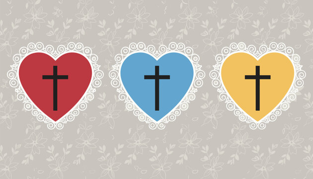 Heart shaped religious decorations with christian crosses and lace borders on floral patterned background.