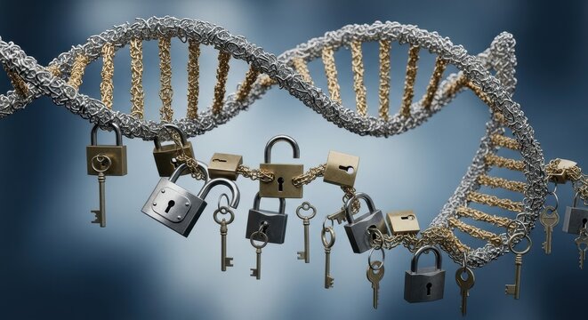 Intricate 3D conceptual illustration of a DNA double helix structure made of woven silver and gold metallic wires, with hanging brass and steel padlocks and keys suspended against a soft gradient blue