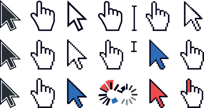 Computer Mouse Cursor and Pointer Icons Vector Set Retro Pixel Art and Smooth Vector Cursors Clicking Hand Arrow Pointer Text Select I-Beam Wait Spinner and Loading Symbols UI