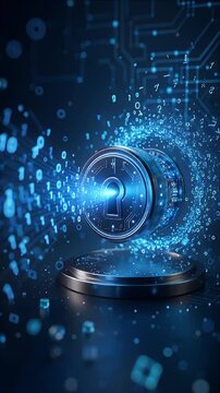 Digital Security Lock with Glowing Keyhole, Floating Binary Code, Blue Data Particles, Circuit Light, Encrypted Information, Futuristic Technology Protection and Cybersecurity Privacy