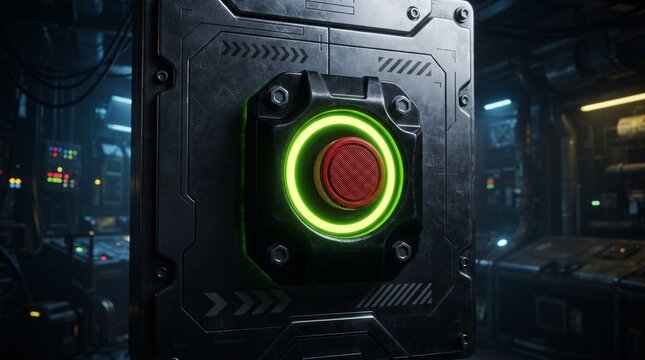 Futuristic industrial emergency kill switch with glowing acid green button and rugged black metal housing, advanced machine safety and shutdown control concept.