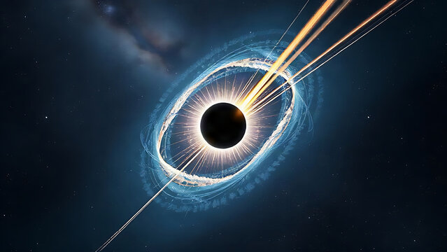 Black hole with energy jets against galaxy, deep space science and cosmos concept