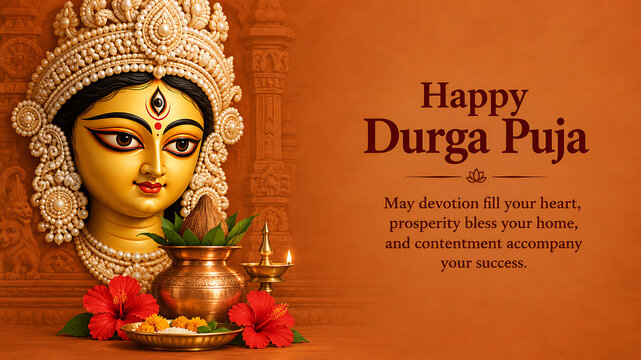 Durga puja and navratri greeting banner featuring golden goddess idol, ceremonial kalash, hibiscus flowers and brass lamp against an orange temple background