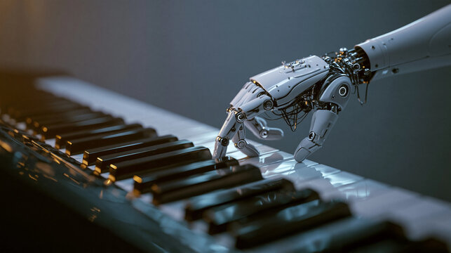Futuristic robotic hand playing piano keys representing artificial intelligence in music creation