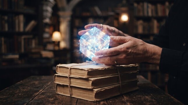 Mysterious glowing cube held over ancient books in a library