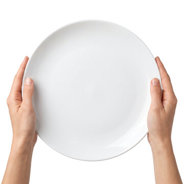 Hands Holding Empty White Round Ceramic Plate Top View Isolated on Transparent Background PNG