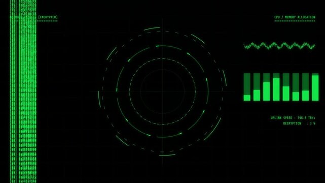 Digital interface displaying system breach warning with scrolling green binary code and circular radar graphs on black background
