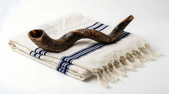 Traditional Jewish Shofar horn resting on a white and blue prayer shawl