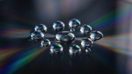 Obraz premium Water droplets on a dark reflective surface with rainbow light refractions