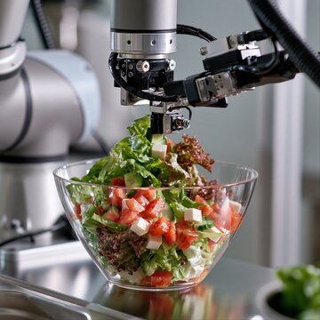 Precision robotic gripper delicately handling fresh salad ingredients during automated assembly