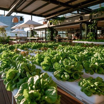 Rooftop hydroponic vegetable garden with flourishing leafy greens overlooking urban skyline