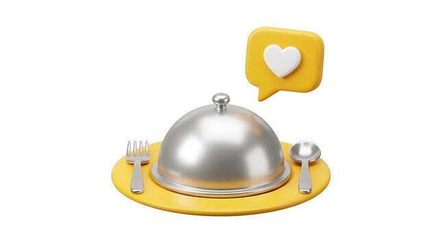 Metal food cloche with a yellow plate and a heart speech bubble icon