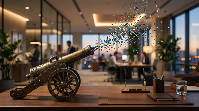 Decorative miniature brass cannon shooting colorful confetti in modern office