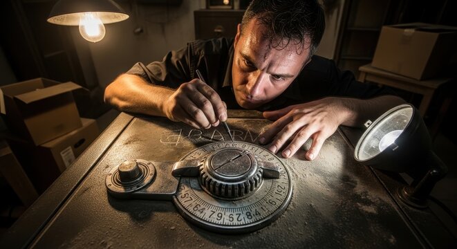 Suspenseful and intense cinematic photo of a sweating male safecracker leaning over a dusty metal safe combination dial, using a pen to trace scribbled codes under dramatic warm spotlighting in a dark