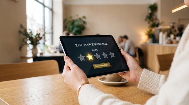 Customer rating experience on tablet device in modern cafe, giving feedback by selecting stars, business service quality assessment, user satisfaction survey, digital interaction