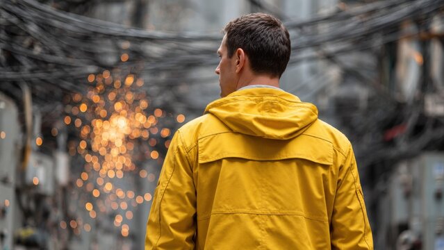 A man in a yellow jacket stands before a blurred background of glowing sparks and tangled wires.